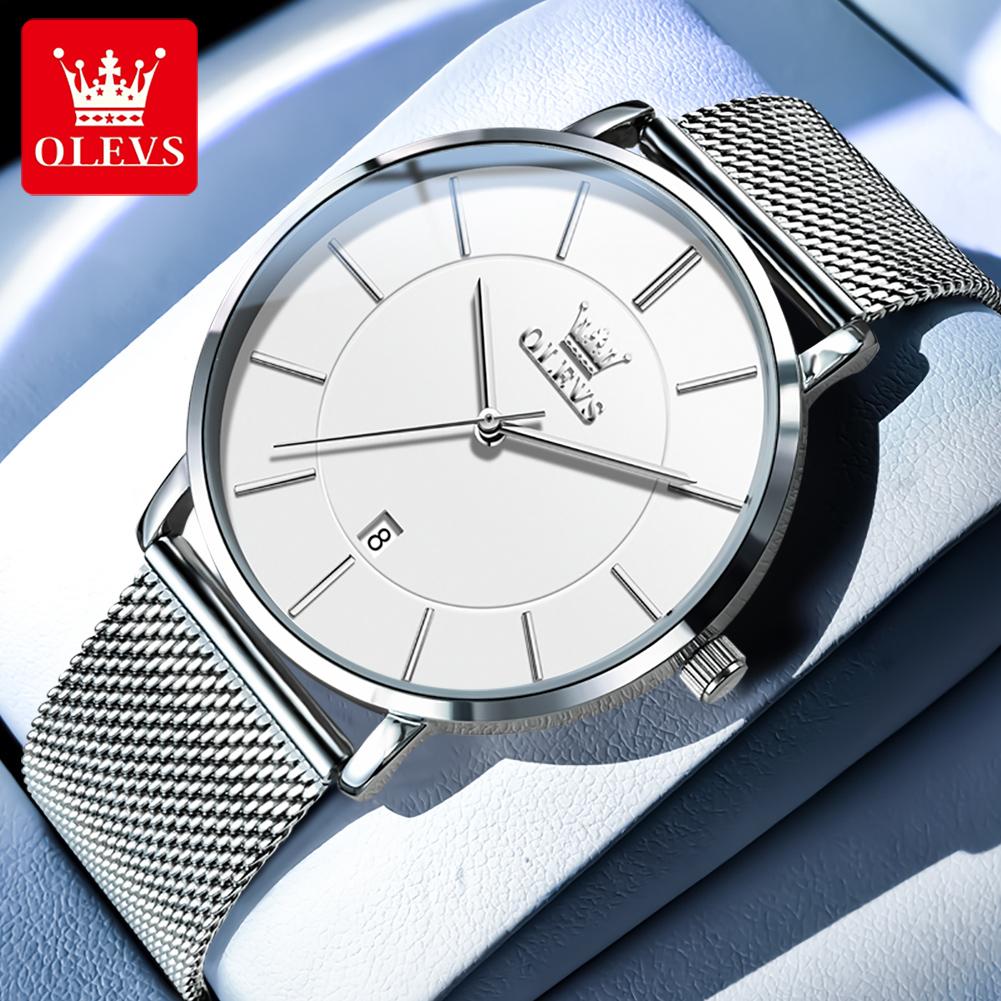OLEVS Ultra Thin 6.5mm Minimalist Fashion Quartz Watch for Men Mesh Steel Strap Auto Date Waterproof Men Wristwatches