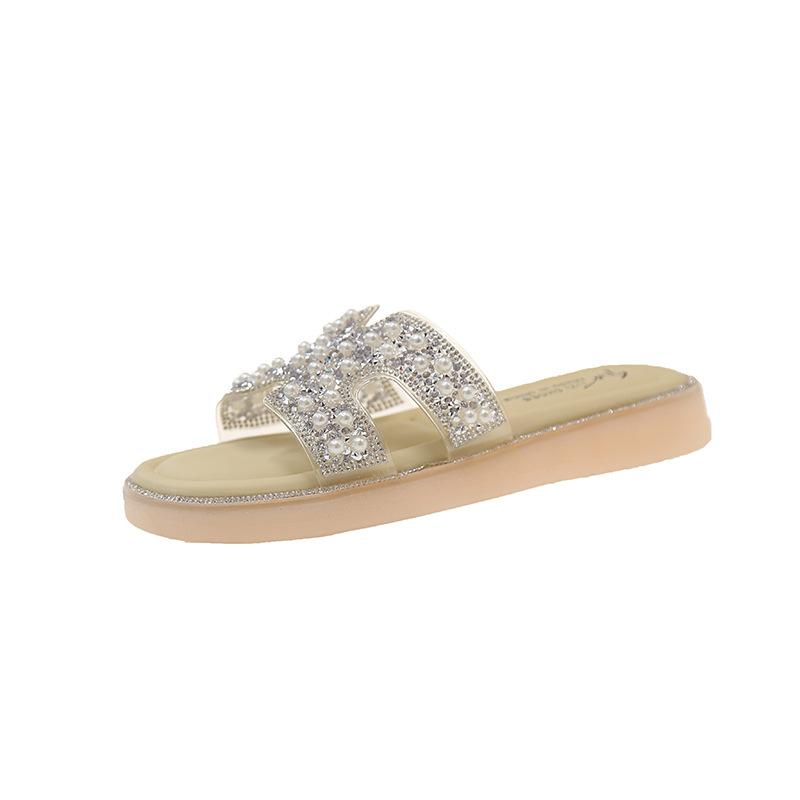 

Beautiful rhinestone thick-bottomed cool slippers female summer wear 2025 new fairy style with skirt seaside beach one-word drag 40