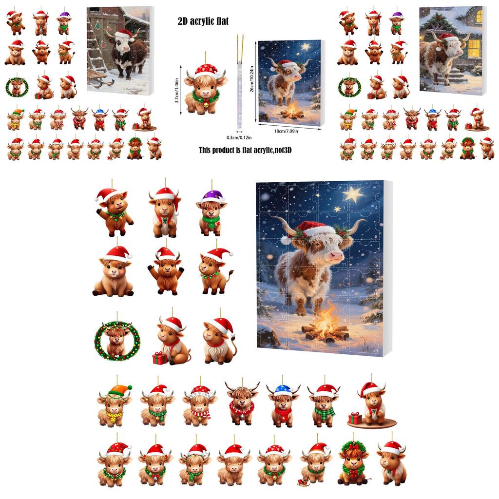 Christmas 24day Advent Calendar With Acrylic Cow Ornament For Holiday Gift Giving