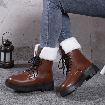 Fashion Autumn Winter Warm Fur Women Ankle Boots Low Heel Thick Sole Non Slip Sole Round Toe Lace Up Solid Color Boots Leather Women