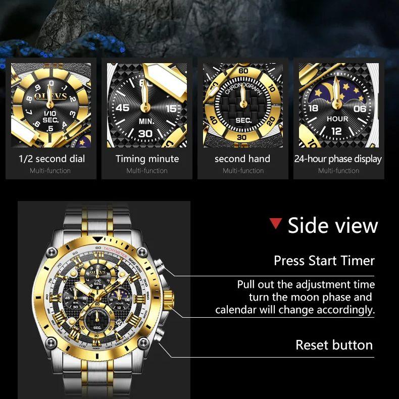 OLEVS 3689 Quartz Men's Watch Multi-functional Date Moon Phase Waterproof Luminous Watch for Men Sports Hand Clock