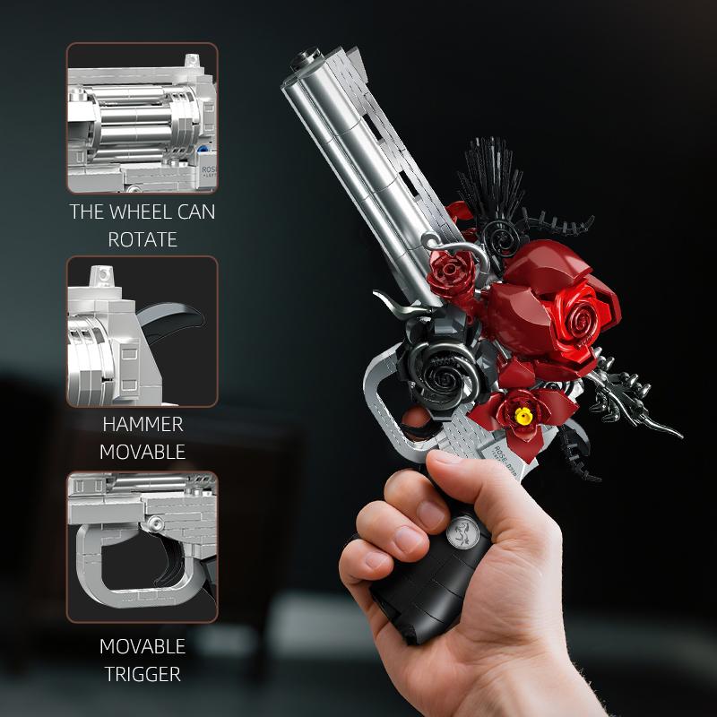 Technical Mechnical Rose Revolver Pistol Gun Building Blocks Military Red Flower Petal Gun MOC Bricks Assemble Toy Children Gift