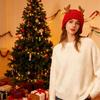 NUOLUX Women's Reindeer Antler Knit Hat, Warm Winter Hat, Christmas Hat, 56-62cm, Red