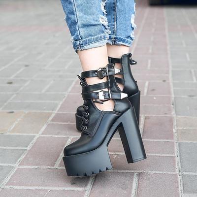 Sexy Buckle Strap Womens Nightclub Shoes High Heels Hollow Out Ankle Boots Platform Heels Gothic Short Boots Lady with Zipper