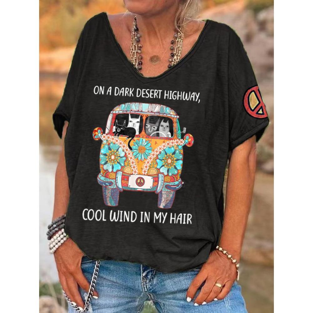 Hippie Damen V-Ausschnitt T-Shirt Sommer Strand Kurzarm Oberteile Lässig Locker Druck T-Shirts