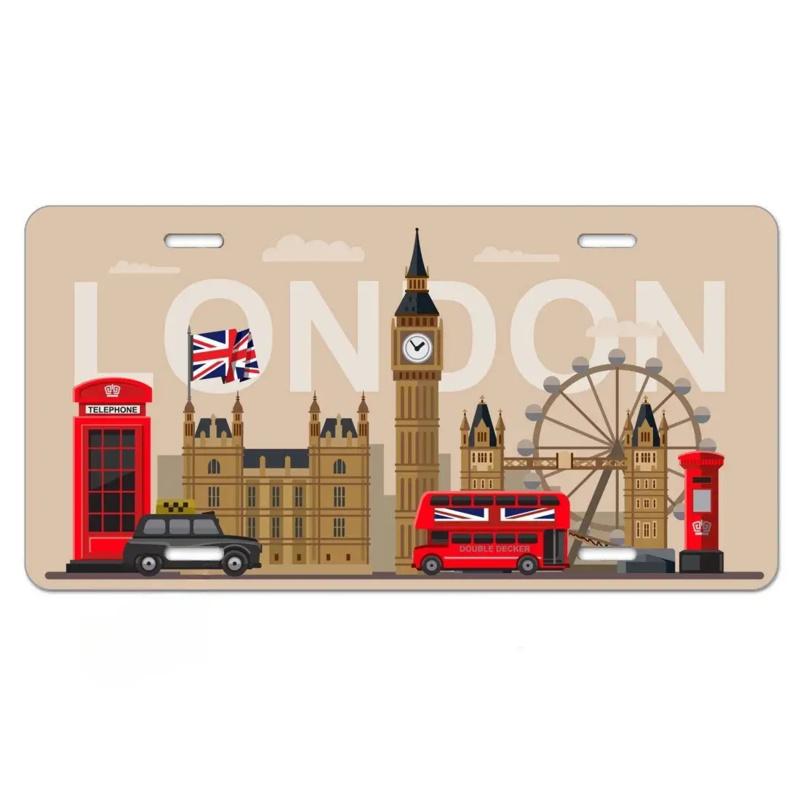Mfoever Tin Sign HD Tin Sign Vintage London UK Cityscape License Plate Metal Wall Art Retro Big Ben Double Decker Bus Decor for Bar Man Cave E