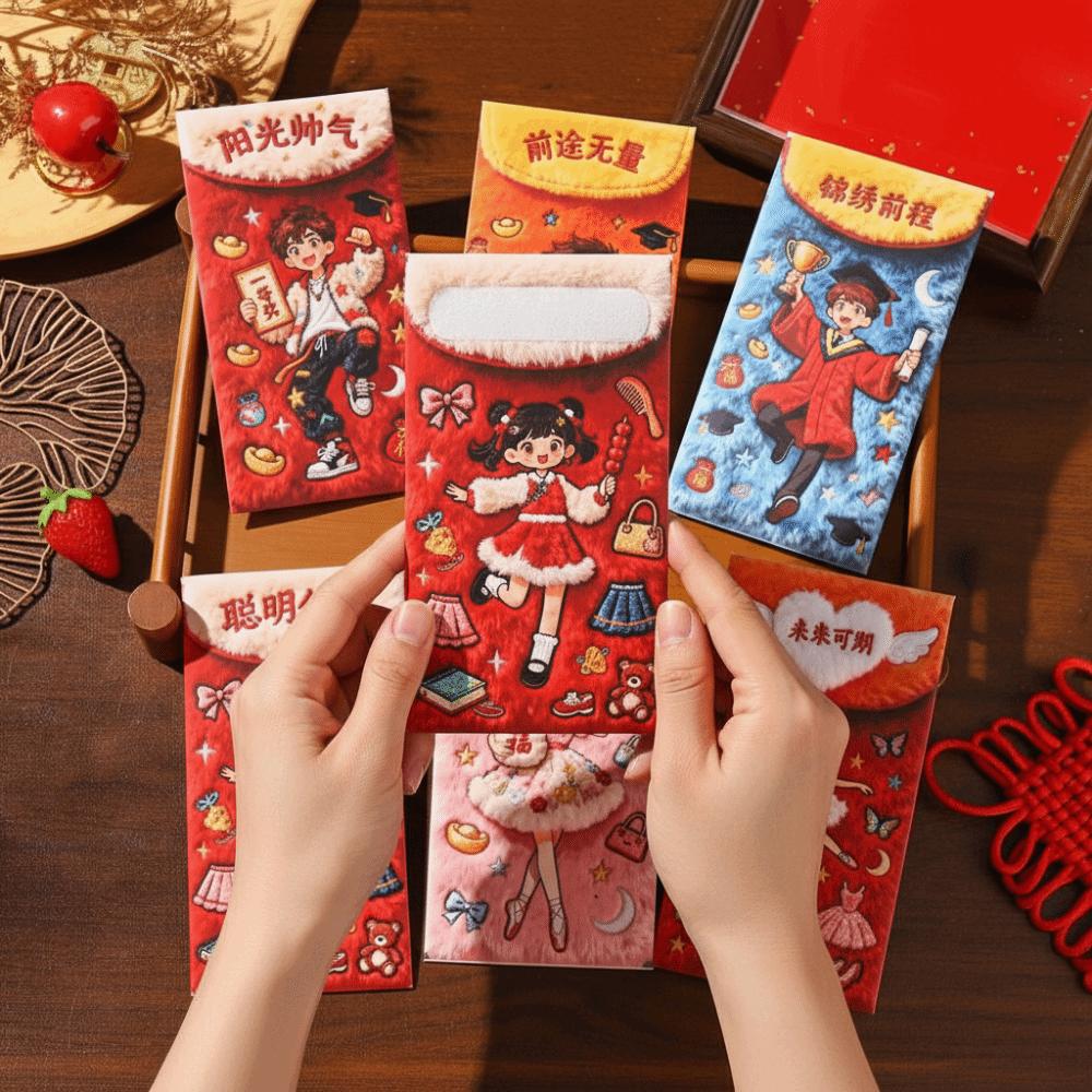 6 Pieces Paper 2026 Horse Year Red Envelope Flat Imitation Embroidery New Year Money Envelope Large Capacity Bless Words