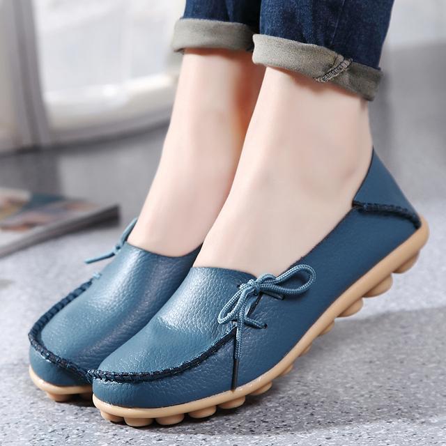 New Moccasins Women Flats  Autumn Woman Loafers Genuine Leather Female Shoes Slip On Ballet Bowtie Women 'S Shoes Big Size