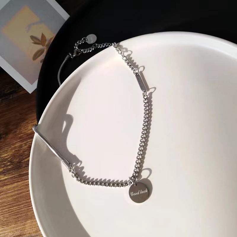 Titanium Steel Round Brand Letter Neutral Texture Splicing Necklace Light Luxury Niche Ins Hip Hop 1111 New Women's Sweater Chain