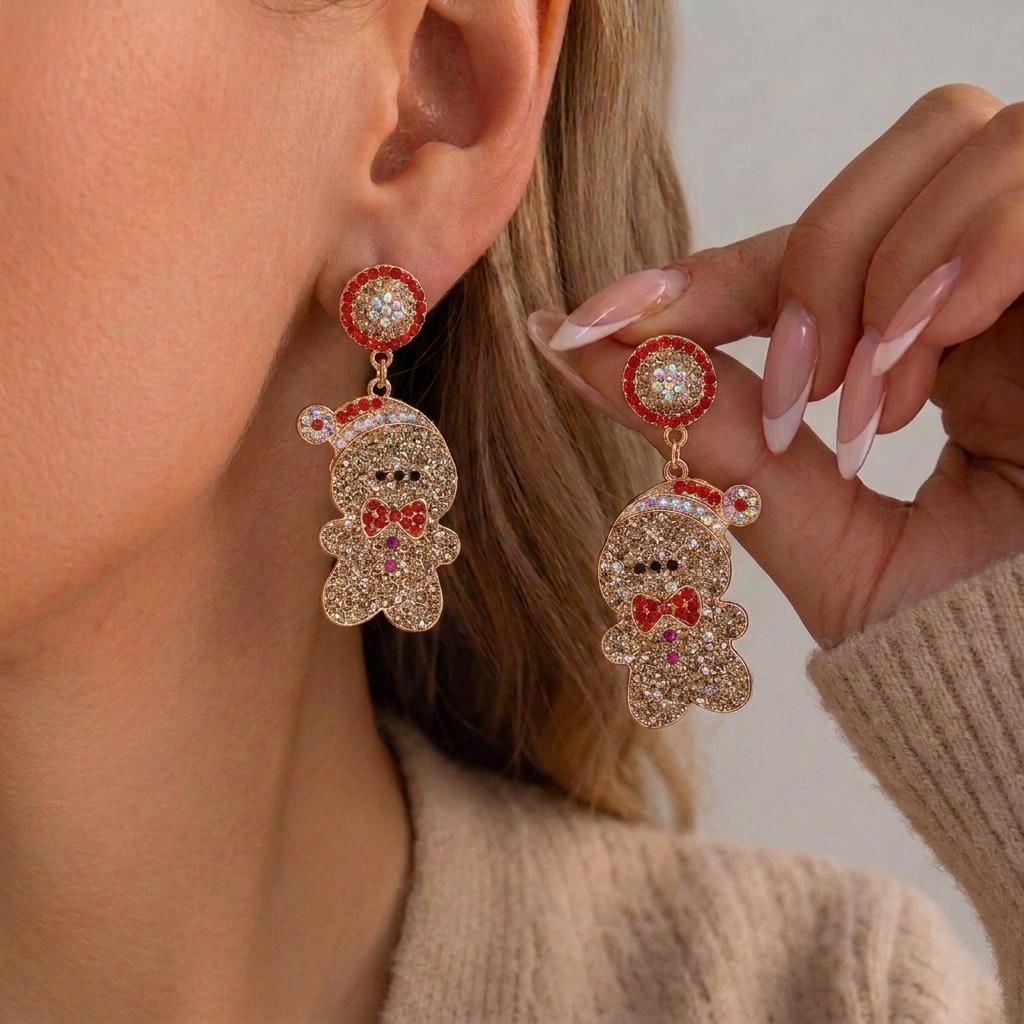 Festive Christmas Drop Earrings for Women Santa Snowman Gingerbread Candy Cane Snowflake Rhinestone Holiday Party Jewelry Gift