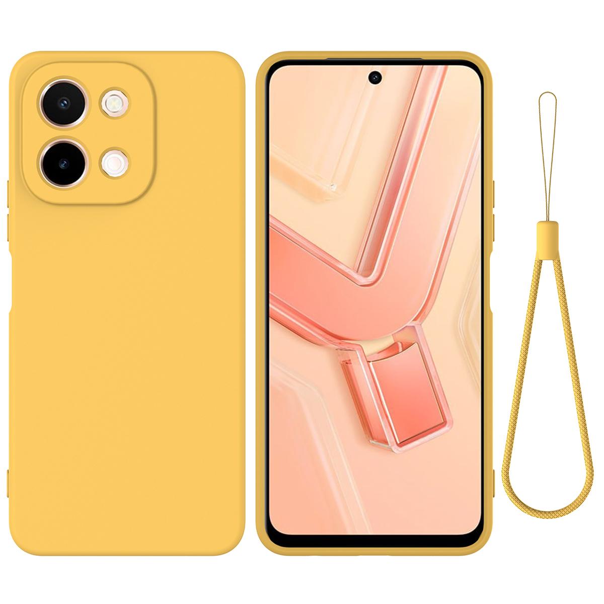 

For vivo Y28 4G Case Liquid Silicone Phone Cover with Hand Strap Yellow