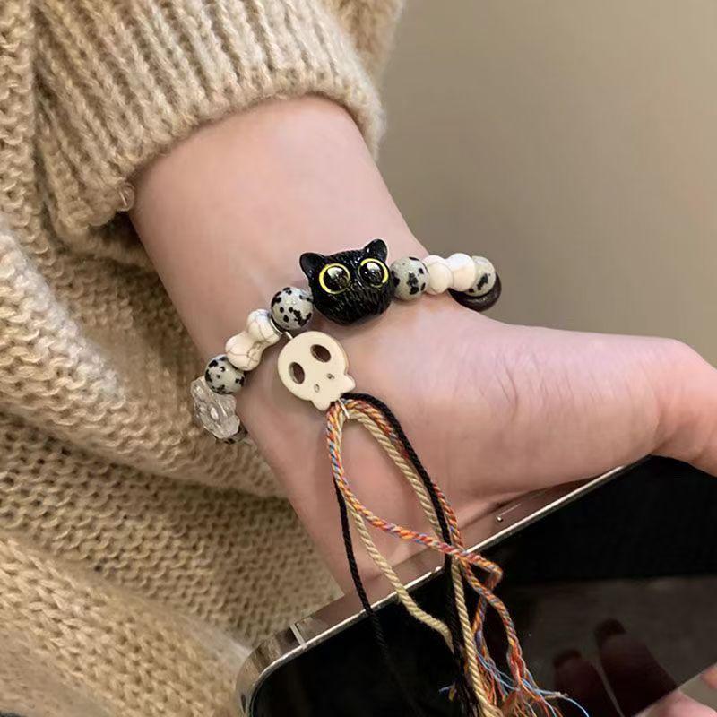 Steel Fun New Cartoon Cat Charm Bracelet for Women Halloween Gift Skeleton Tassel Hand Chain Girls Jewelry Gift Y2k Accessories