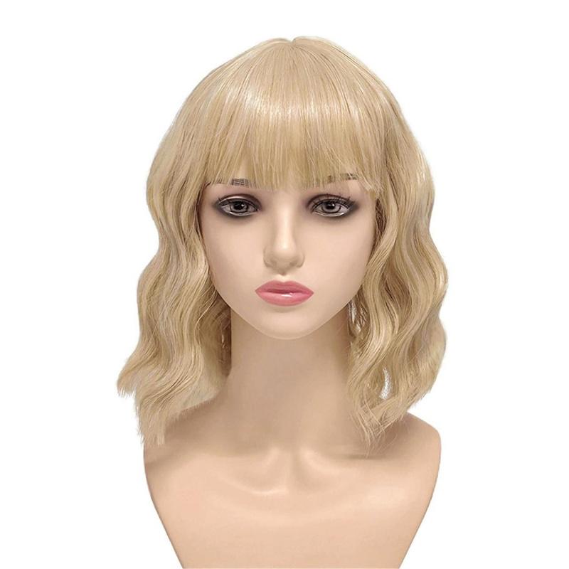 Synthetic Hair Yellow Blonde Wigs for Women Short Wavy Curly Wig with Bangs Water Wave Wig Daily Girls Cosplay Halloween Party