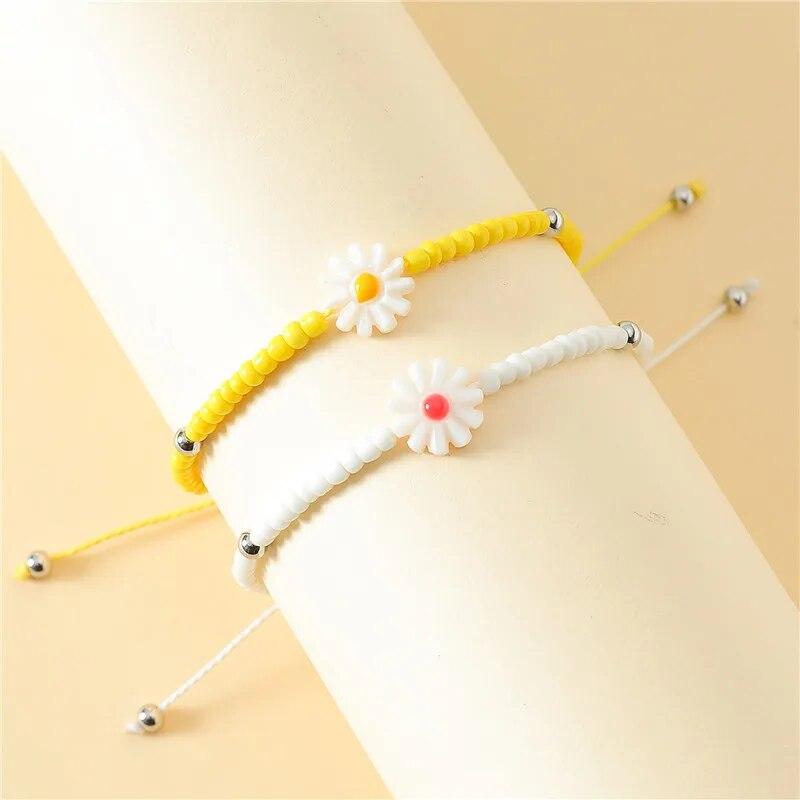 Trendy Sweet Stainless Steel Round Bead Daisy Flower Bracelets For Women Charm Handmade Rope Beaded Sunflower Bracelet Jewelry
