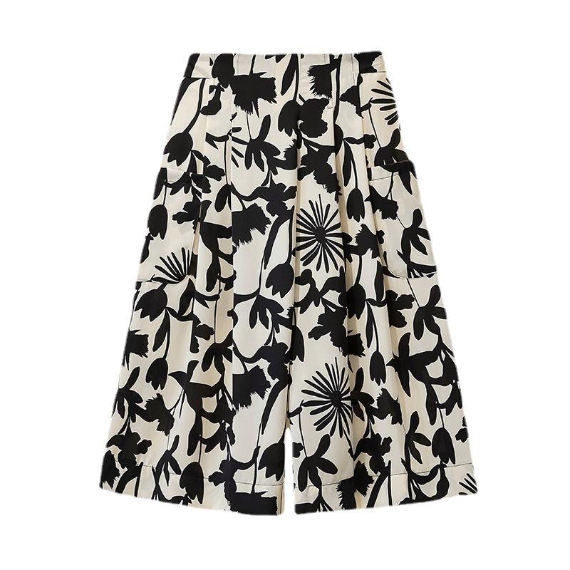 Ladies' Trousers Women's High-waisted Printed Wide Egged Trousers Skirt Summer Seven-minute Trousers Thin Section Loose Large Leg Skirt Trousers