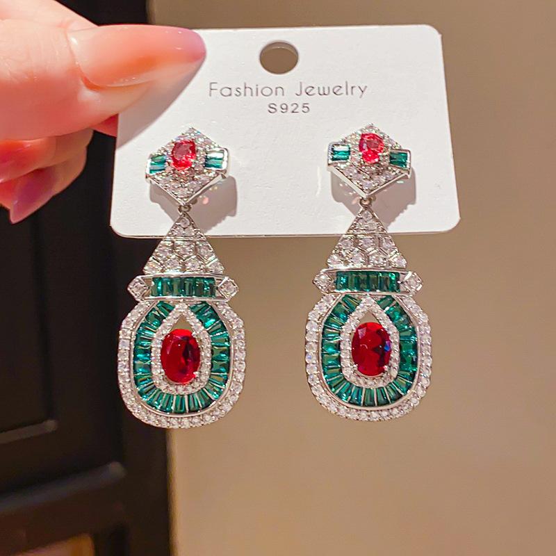 Retro Silver Needle Zircon Glass Water Drop Earrings Court Temperament Stud Earrings Personality Trend Versatile Earrings Women