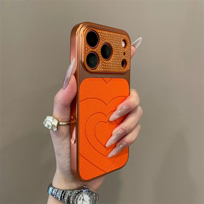 

Rhinestone Heart Leather Texture Drop-Proof Phone Case for iPhone 15Pro, 16Pro, 17Pro 13 Pro Max (6.7-inch) оранжевый