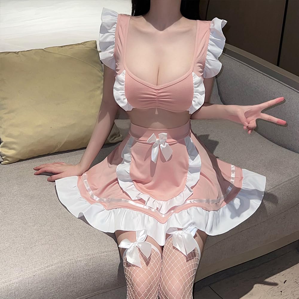 Maid Uniform Costume Sexy Erotic Extreme Halloween Costume Apron Sleeveless Black Pink Costume Outfit Cute Moe Photography Set of 4 [RPFLQ] Women's