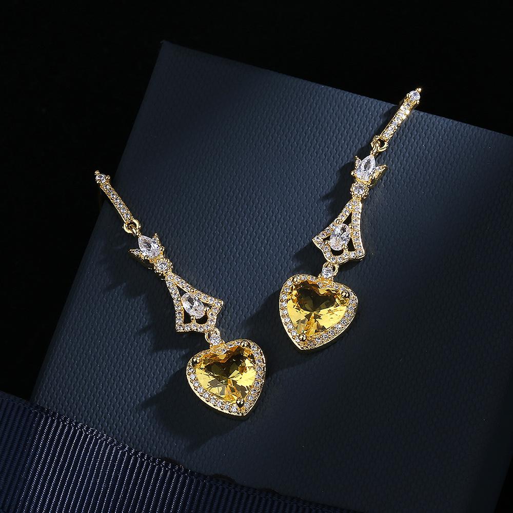 Luxury super flash heart-shaped citrine zircon S silver needle personality luxury peach heart female earrings
