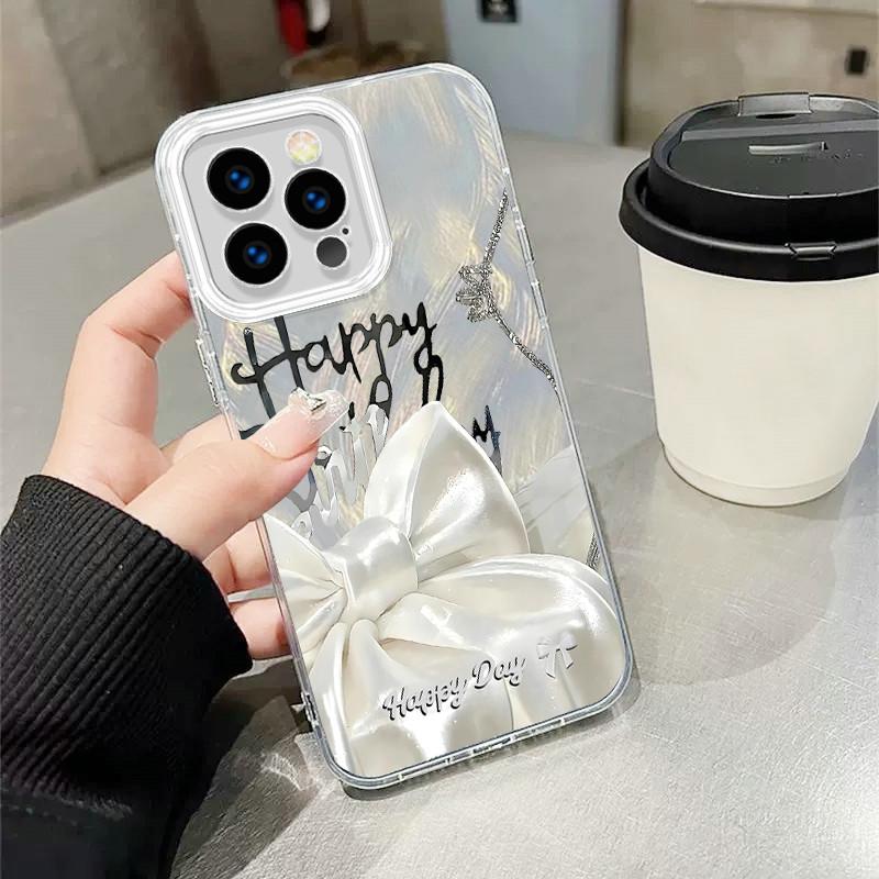 Upgraded Glitter Silver Case Happy Birthday Bowknot Printed Protective Shell Shockproof Full Back Cover for iPhone Samsung
