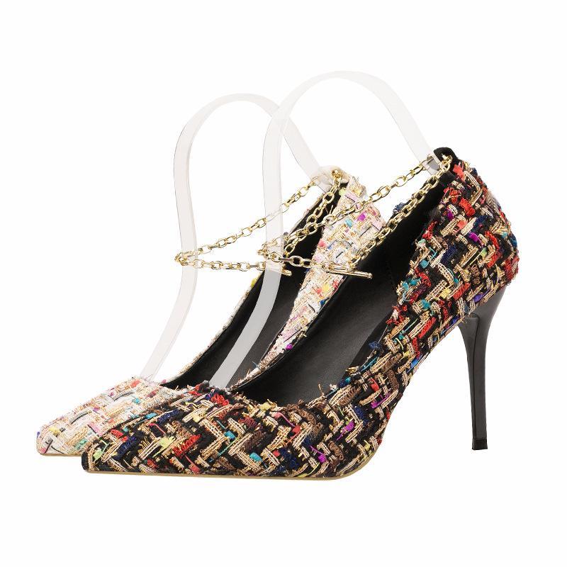 Xiaoxiang thin high heels women's shoes thin heels high heels pointed woolen material metal chain one-word belt single shoes