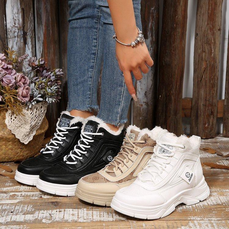 Women's Lace-up Large Size Soft Sole Winter Warm Fur Snow Boots Padded Lined Ankle Boots Anti-slip Hiking Casual Sports Cotton Boots