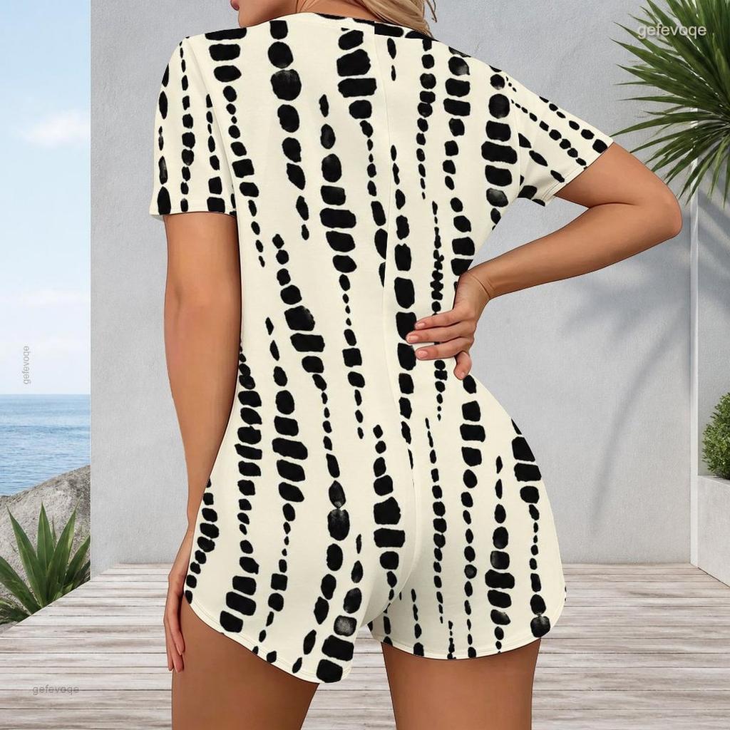 Women Plus Size Black Golden Printed V Neck Short Sleeve Fitted Short Romper