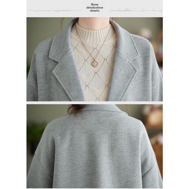 GMXIA Autumn Waffle Extra Suit Collar Short Loose Long-sleeved Top for Women