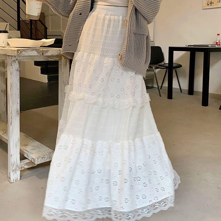 Women's Balletcore White Layered Tulle Midi Skirt with Lace Trim