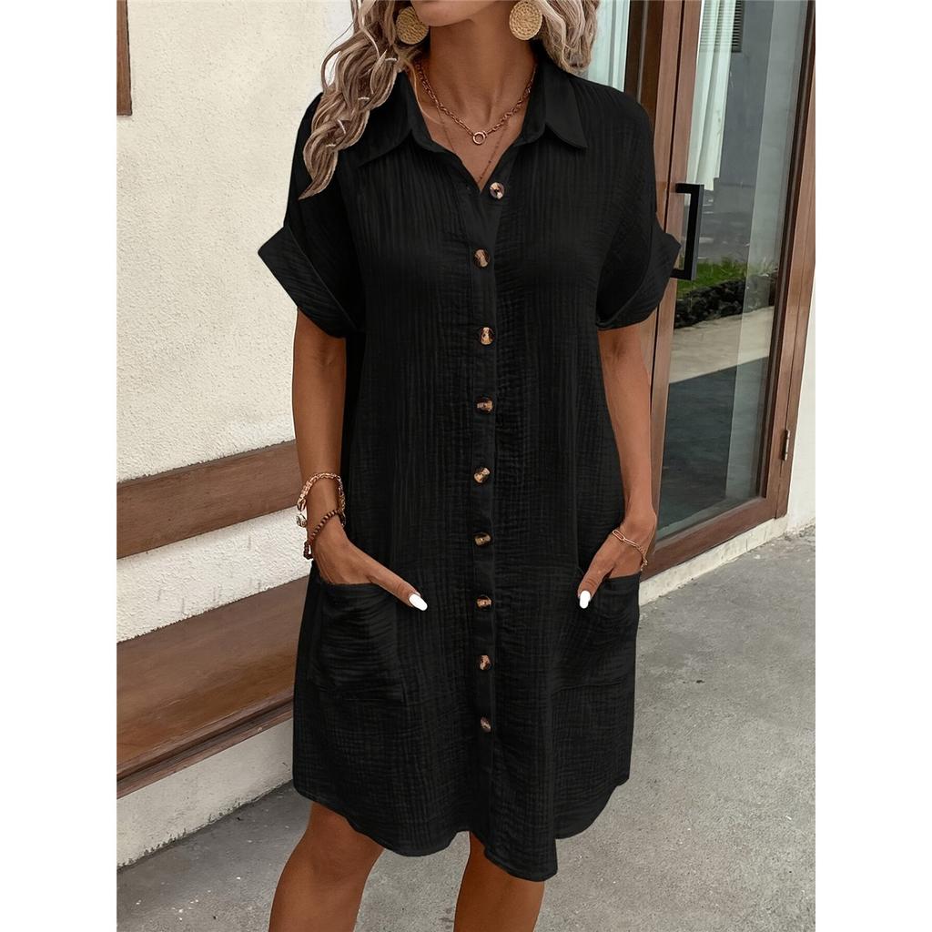 Women's Shirt Dress Solid Color Short-sleeved Lapel Cotton Linen Casual Loose Dress