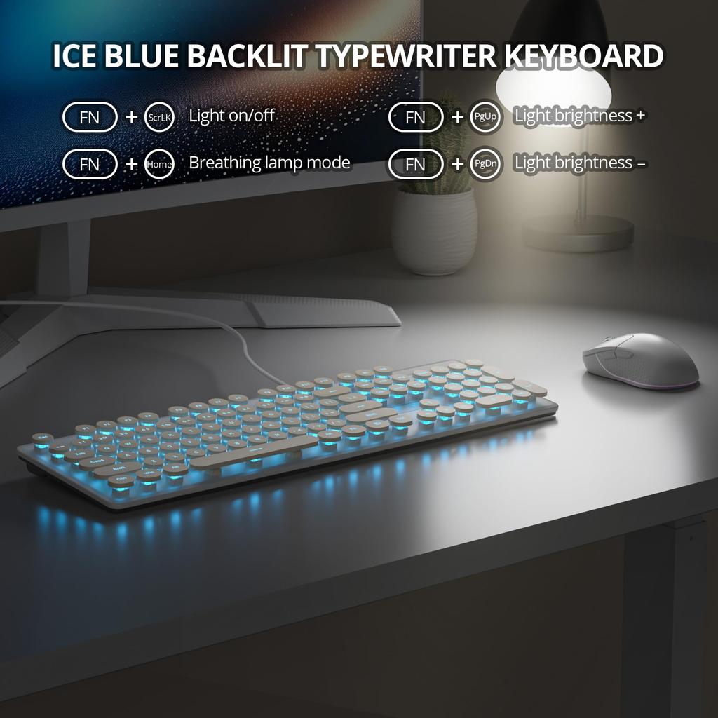 Ussixchare Wired Quiet Membrane Retro Punk Typewriter Design with Blue LED USB Gaming Keyboard with ABS Round Keycaps for Keyboard, Full-Size 104-Key
