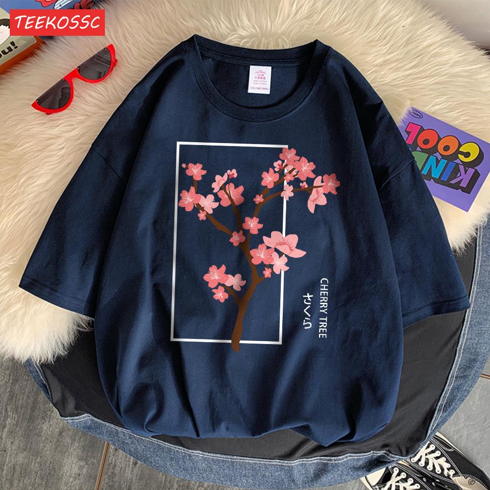 Cherry Tree In Full Bloom T-Shirt Men'S Shoulder Drop Retro T Shirts Fashion Originality Tshirt Normcore Loose Short Sleeved