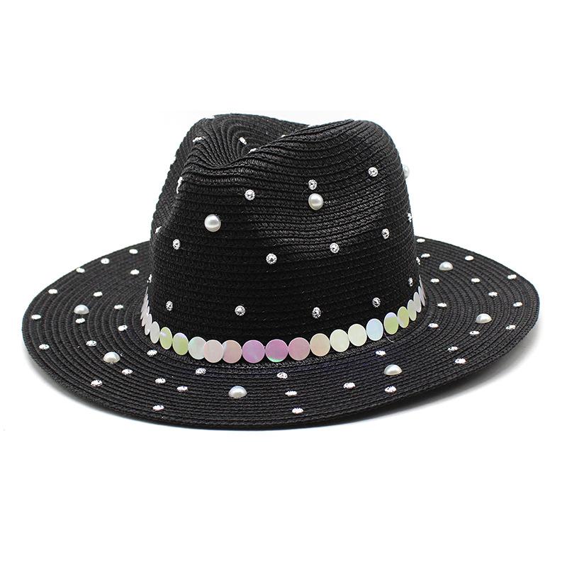 

Spring And Summer British Wind Outdoor Travel Pearl Jazz Straw Hat Men And Women Sun Protection Big Brim Sun Hat M（56-58cm） чорний