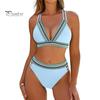 Women High Waisted Bikini Set Color Block Two Piece Swimsuit V Neck Crisscross Back Top Briefs Swimwear for Beach Vacation Pool