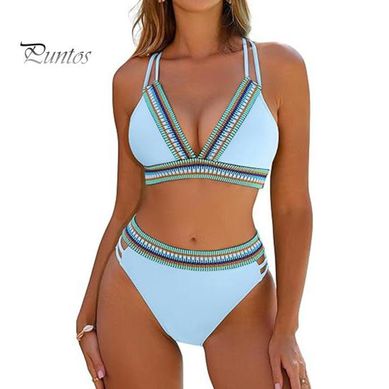 Women High Waisted Bikini Set Color Block Two Piece Swimsuit V Neck Crisscross Back Top Briefs Swimwear for Beach Vacation Pool