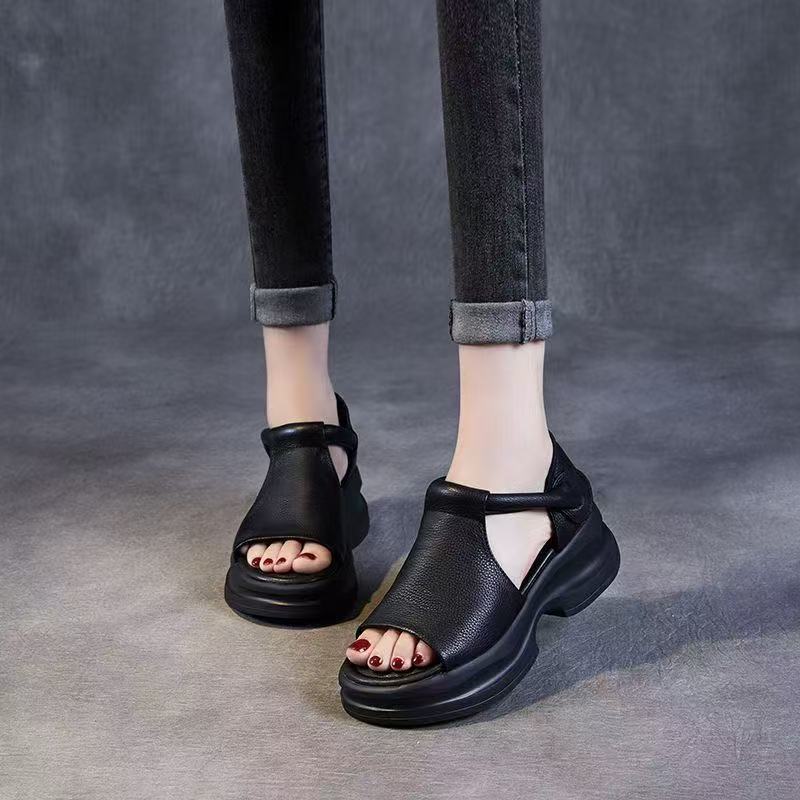 

Летние босоножки на платформе женские носят толстый каблук с открытым носком туфли с рыбьим носком новые из мягкой кожи на липучке каблуки-мешки 40 чёрный