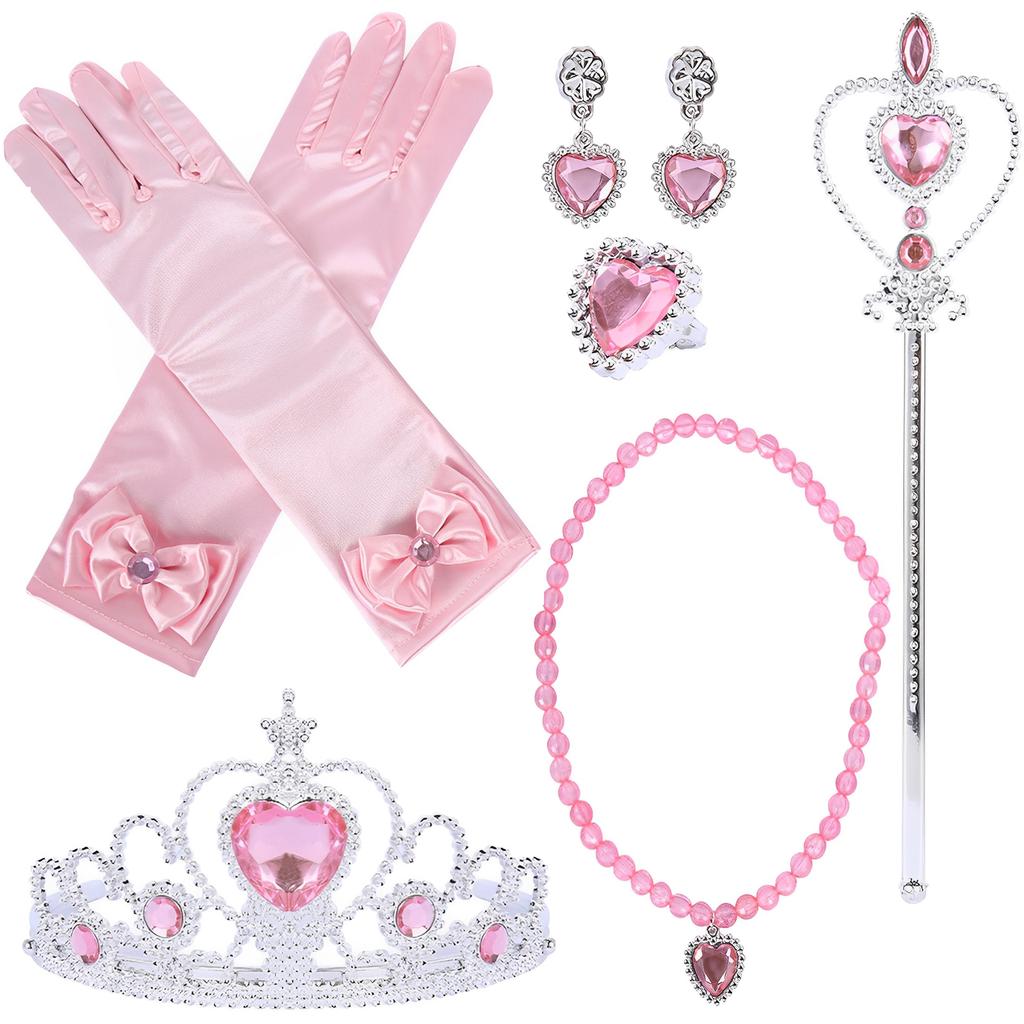 Princess Dress Up Accessories Set for Girls 6pcs Princess Costume Gloves Tiara Wand Necklace Earrings Bracelet Ring
