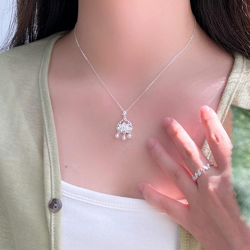 Pearl Lotus Peace Lock Necklace Girl China-Chic Girlfriend Gift Collar Chain