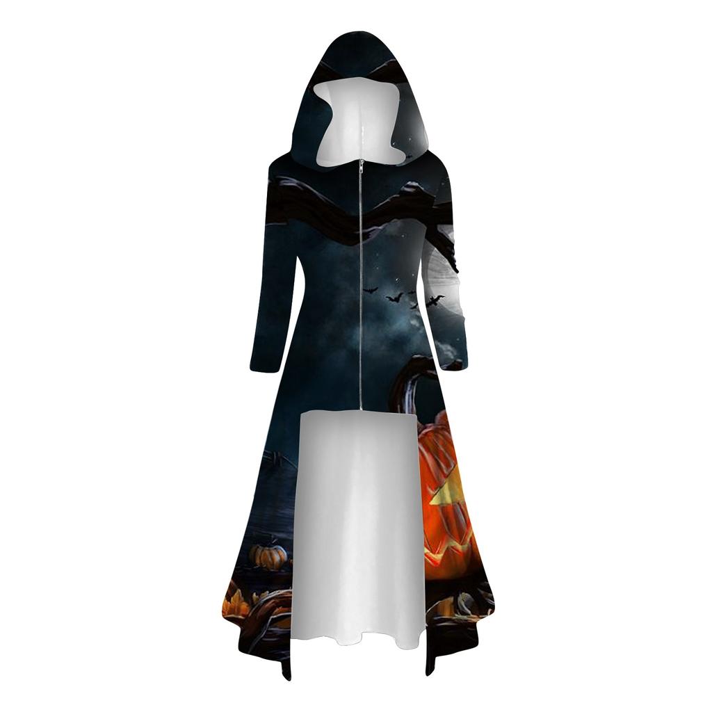 Mode Damen Tops Halloween Langarm Lange Kapuze Vintage Reißverschluss Cape Lose Kleider