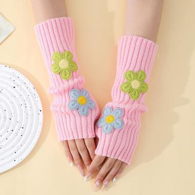 New Floral Gloves for Girls' School Style Dui Dui Exposed Finger Sleeves Knitted Woolen Warm Arm Covers