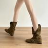 Seoul Inspired Round Toe Motorcycle Boots Women Metal Bule Velvet Surface Knight Sle Mid-Calf Flat Heel Booties Hight Top Shoes