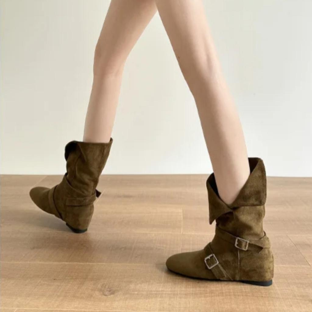 Seoul Inspired Round Toe Motorcycle Boots Women Metal Bule Velvet Surface Knight Sle Mid-Calf Flat Heel Booties Hight Top Shoes