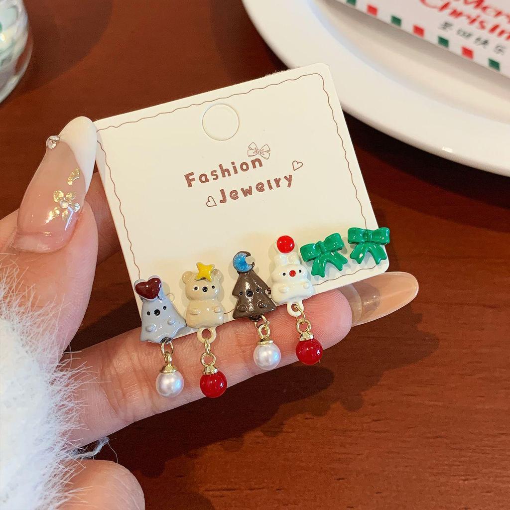 Boucles d'oreilles Stud Festives d'Hiver Dessin Animé Père Noël & Bonhomme de Neige avec Nœud pour Femmes - Bijoux de Fête à Aiguille Argentée
