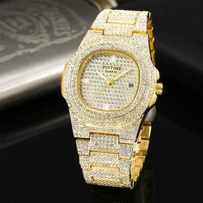 Luxus-Quarzuhr für Männer, automatisches Datum, Hip-Hop, voll vereist, Diamant-Uhr, modische Uhr, wasserdichte quadratische Armbanduhr