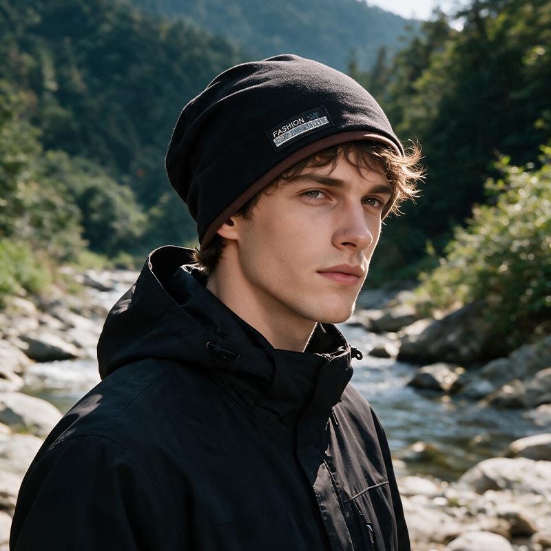 Unisex Korean-Style Double Layer Slouchy Beanie - Autumn/Winter Solid Color with Cloth Label