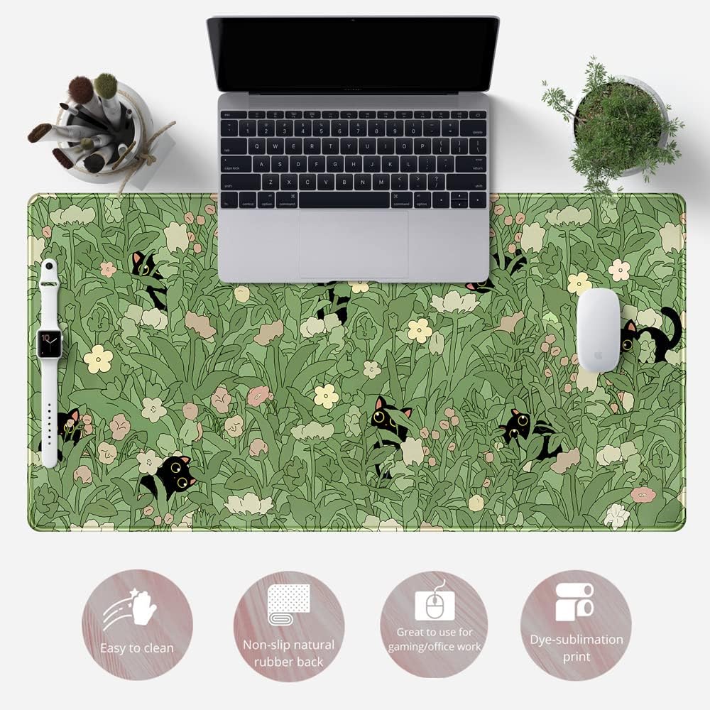 Cute cat flower plant pattern large table mat suitable for office game and home decoration Green 40*80*0.2cm