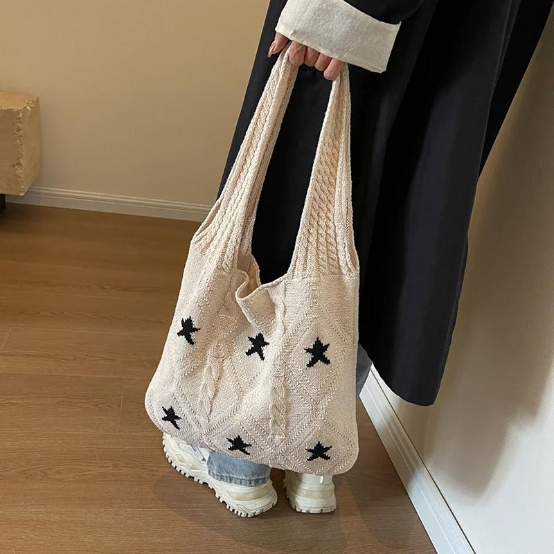 Star Knit Women's Bag New Knitted Eco Shopper Bag Crochet Rope Shoulder Bag Female Knitting Handbag Vintage Tote Bag AVE
