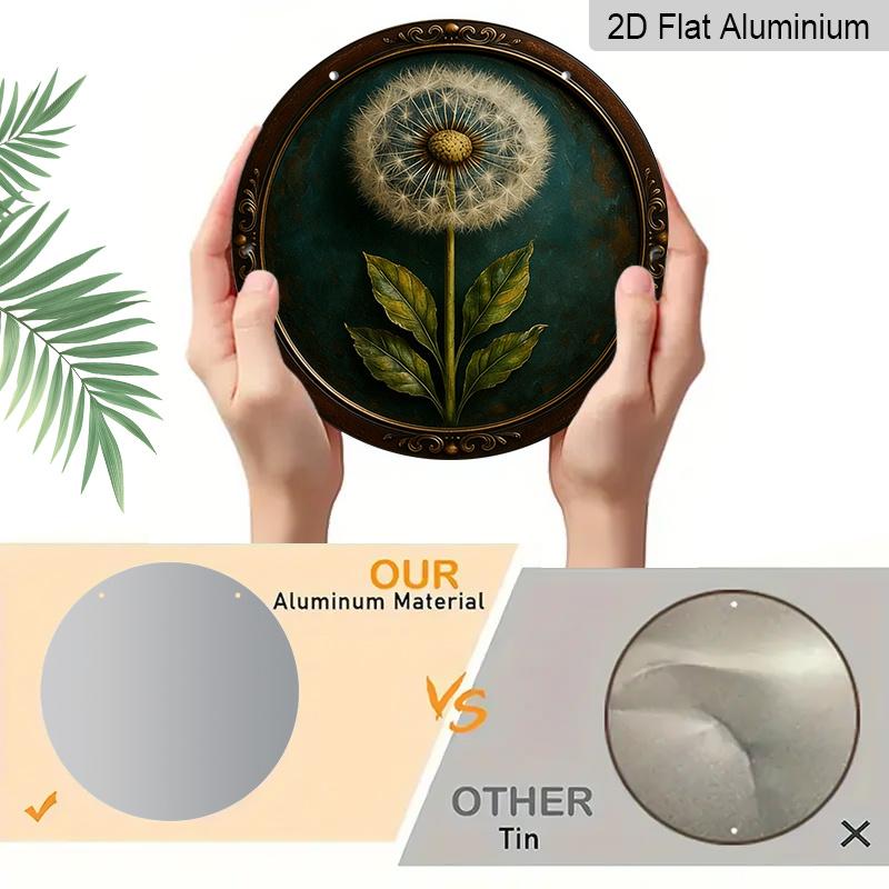 2D Flat, 1pc Vintage Aluminum Metal Sign Wall Art, Dandelion Design with Teal Background & Ornate Golden Frame, 7.87in Indoor/Outdoor Home Cafe