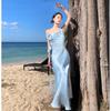 Elegant French Seaside Vacation Dress Premium Swing Neck Double Layer Split Suspender Engagement Dress