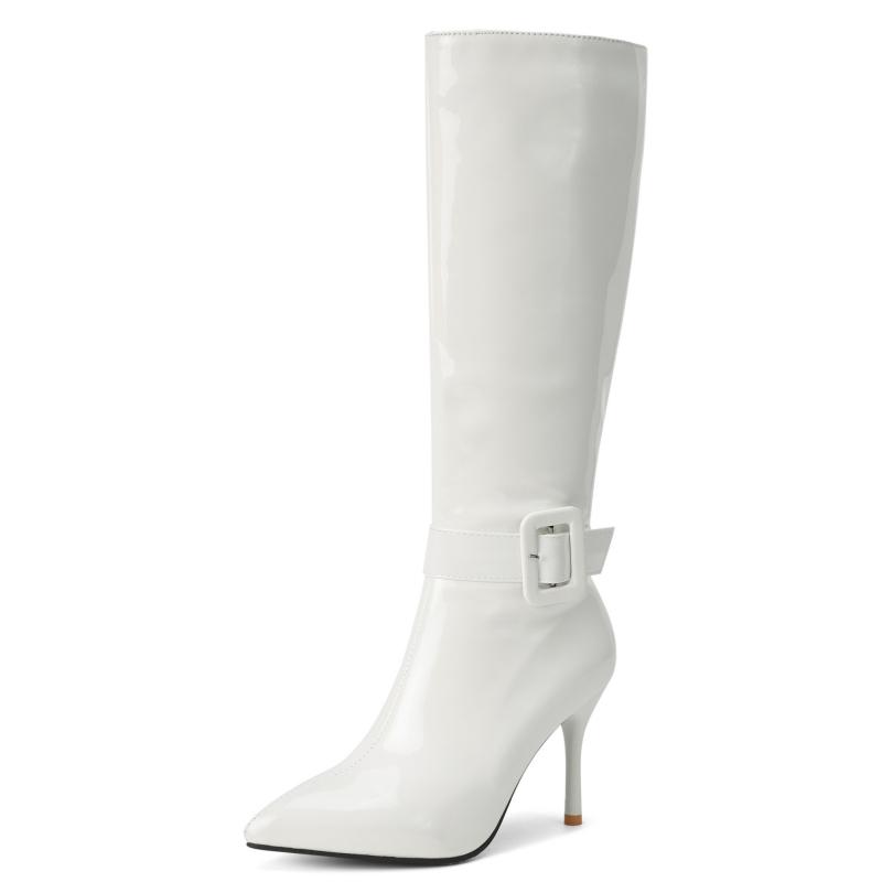 Black White Knee High Boots For Women Sexy PU Leather Winter Long Boot Female Thin High Heels Zipper Party Shoes Large Size 45